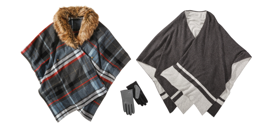 MeronaWomens’ Poncho with Faux-Fur Trim in Red/Gray/Black, $39.99
